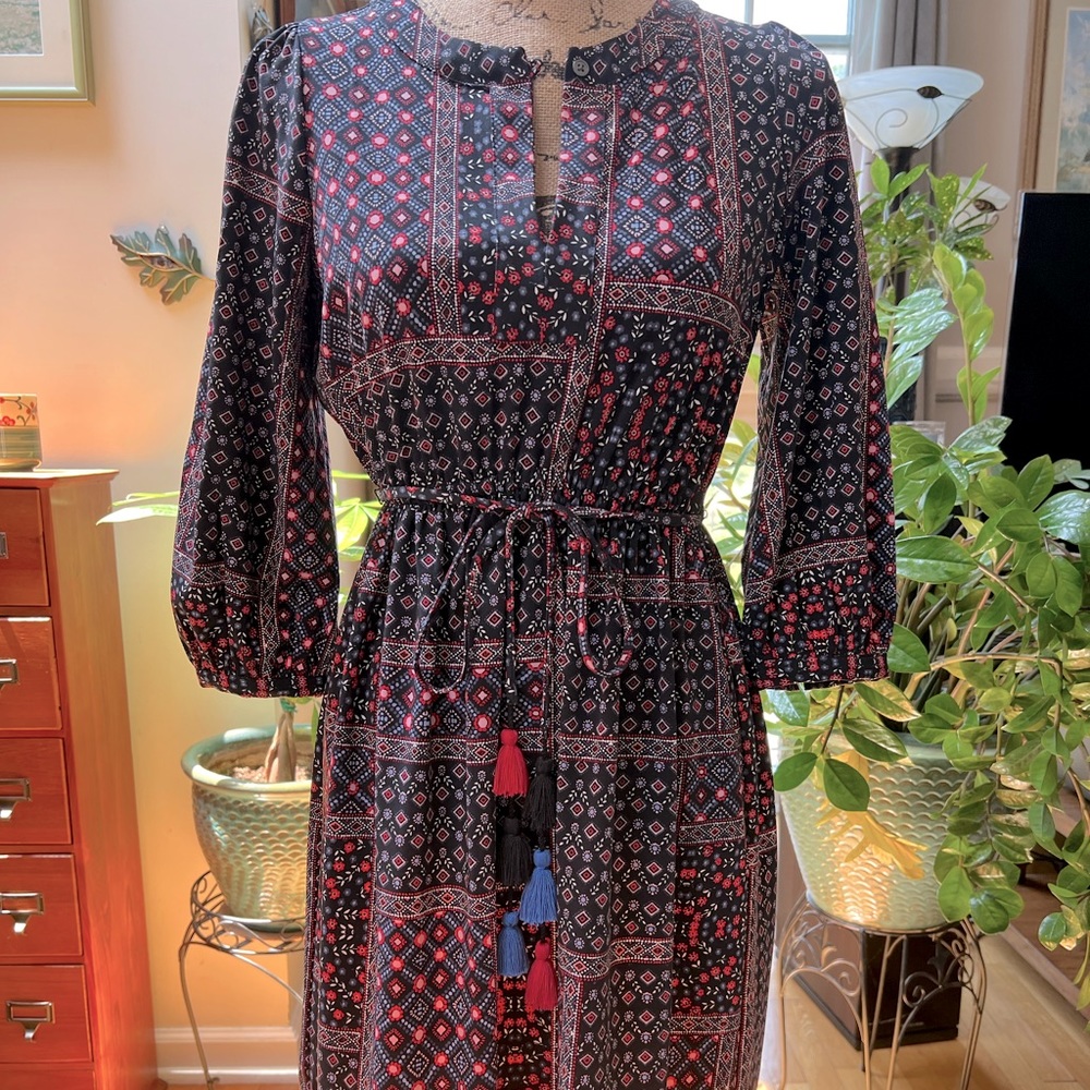 Blue/Red/Black Patterned Tassel Sash Dress